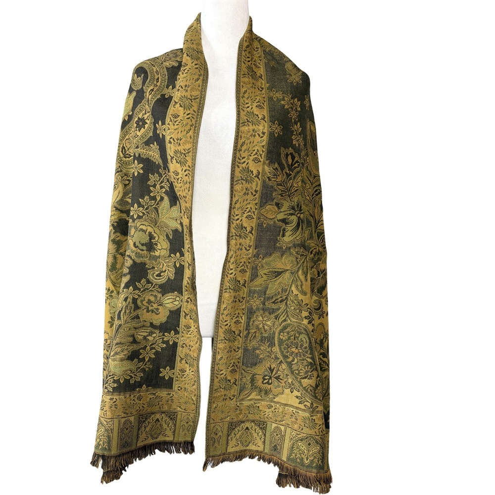 Naturally Knotty Scarf Womens One Size Gold Paisley Wool Fringe Shawl Wrap Fall‎